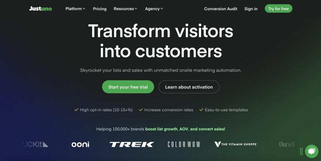 Die Startseite der Justuno Website