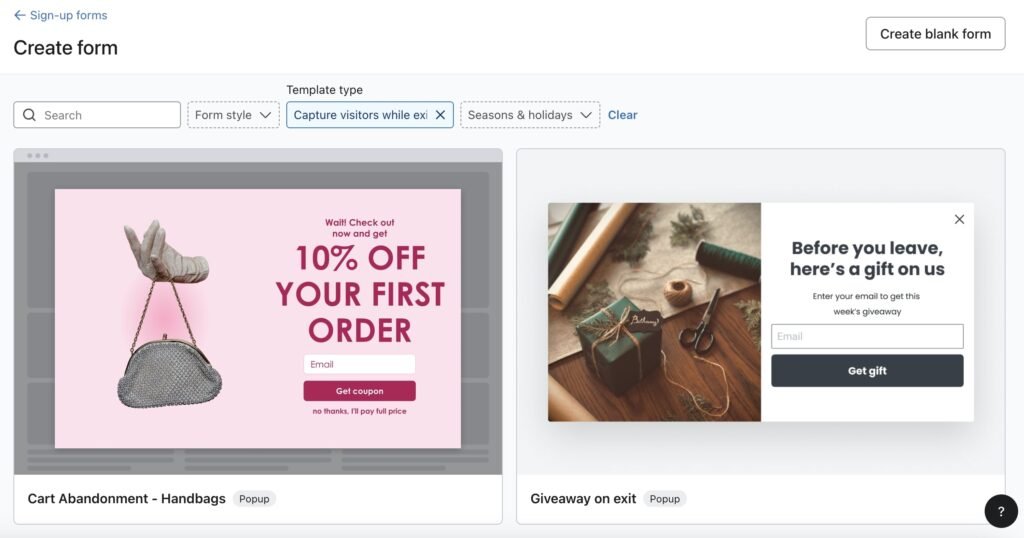 Einige Popup Templates von Klaviyo