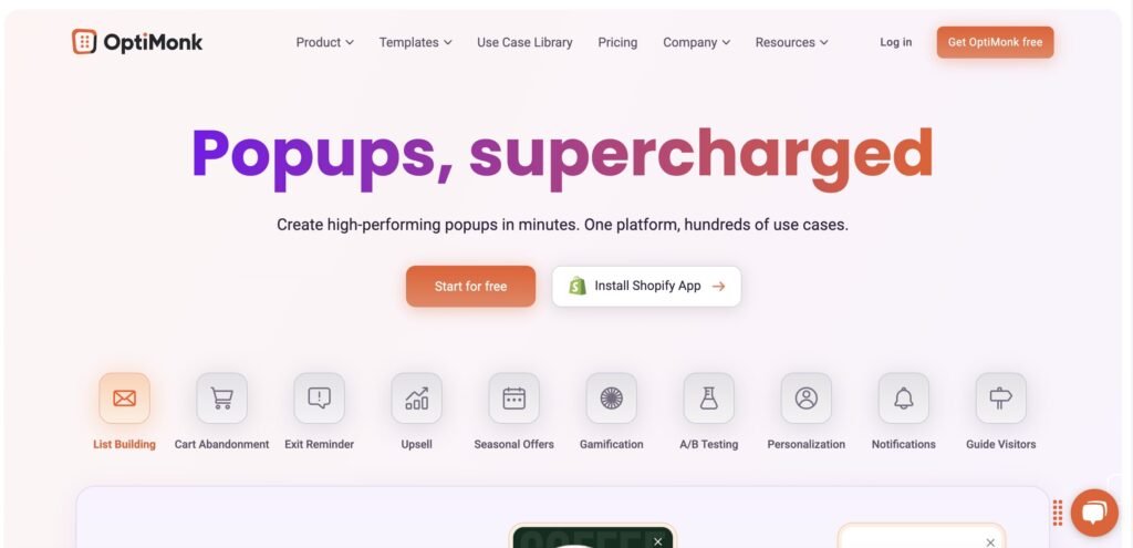 The landing page of Optimonk