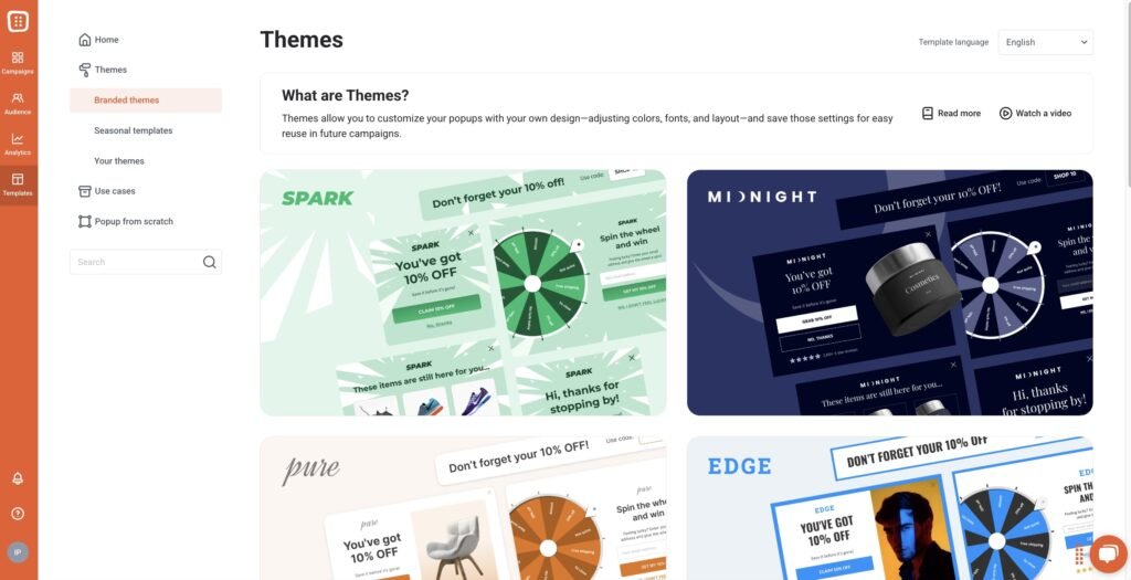Verschiedene Themes die in Optimonk zur Verfügung stehen