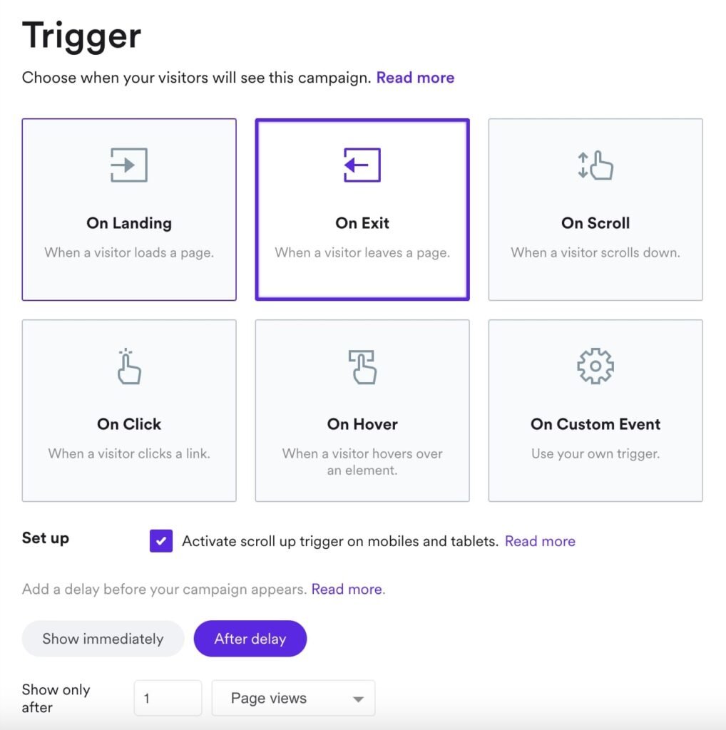 Die Exit-Intent-Trigger die in Wisepops zur Verfügung stehen